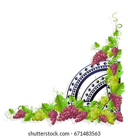 Vintage frame with wine and grapes. Vector illustration.