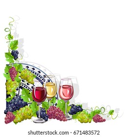 Vintage frame with wine and grapes. Vector illustration.