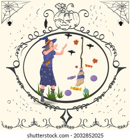 Vintage frame, Witch conjures, Halloween holiday design flat illustration