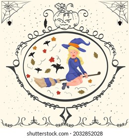 Vintage frame, witch flying on a broom, Halloween holiday design flat illustration