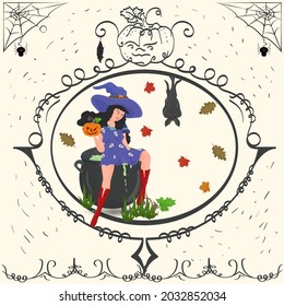 Vintage frame, witch sitting on a cauldron, Halloween holiday design flat illustration