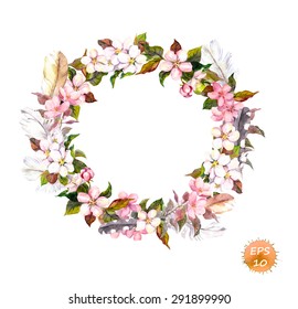 Vintage frame - wreath in boho style. Feathers and flowers (cherry, apple flower blossom). Watercolor vector for fashion design