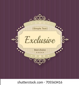 Vintage frame in yellow color and vector format. Retro label with many ornamental lines, shadow and simple text. Exclusive sign on dark red cover