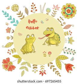 Vintage frame for your design with cute frogs and flowers. Funny cartoon illustration for invitations and romantic cards, birthday and other holiday.