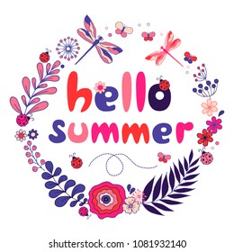 Vintage frame for your design with flowers, ladybirds, dragonflies and butterflies. Hello summer. Cute cartoon illustration for invitations and romantic cards, birthday and other holiday.