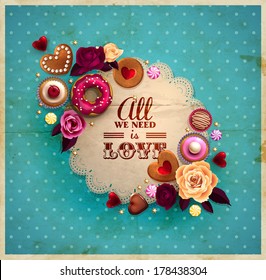  Vintage frame for your text decorated with sweets, cupcakes, cookies roses, doughnut, cakes, chocolate,and golden stars. 