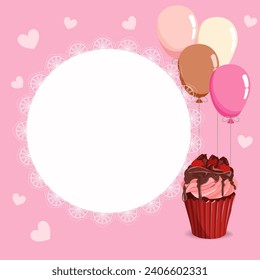 Vintage frame for your text decorated with sweets, balloons, cakes, chocolate, berries. For decorating invitations, congratulations, menus