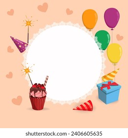 Vintage frame for your text decorated with sweets, balloons, cakes, chocolate, berries and present. For decorating invitations, congratulations, birthday.