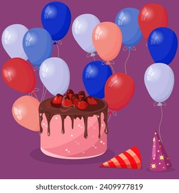 Vintage frame for your text decorated with sweets, balloons, cakes, chocolate, berries. For decorating invitations, congratulations, birthday.