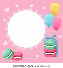 Vintage frame for your text decorated with balloons, cookies macarons. For decorating invitations, congratulations, menus