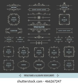 Vintage frames, borders, labels, dividers big set on chalkboard. Calligraphic design elements.