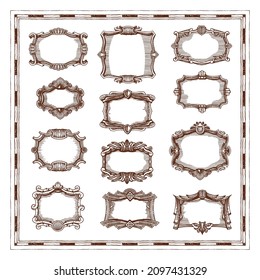 Vintage frames and borders. Photo, map, scrapbooking borders. Sketch vector royal medieval embellishment. Elegant isolated frames for heraldry or ancient map