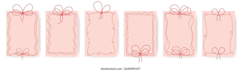 Vintage frames with bow in pink color. Hand drawn fancy frames with silk ribbons set. Vector graphics