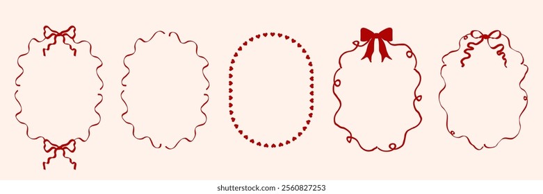Vintage frames with bows, wavy lines, ribbons. Trendy hand drawn linear vector for wedding invitations, prints, birthday card