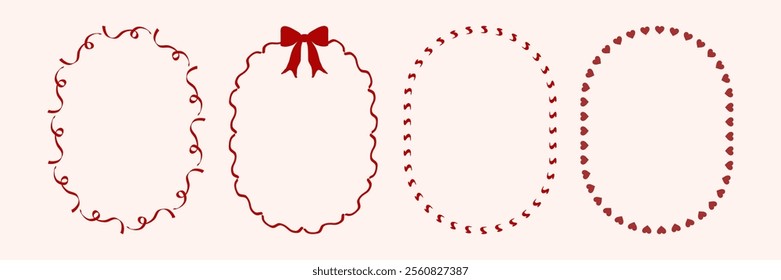 Vintage frames with bows, wavy lines, ribbons. Trendy hand drawn linear vector for wedding invitations, prints, birthday card