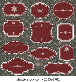 Vintage Frames and Christmas Ornaments - Set of frames with snowflake ornaments and text dividers on damask background.  Damask background swatch is included in swatches panel.  Colors are global.  