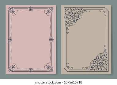 Vintage frames collection curved borders isolated on pastel backgrounds. Decorative black path set ornamental elements in corners vector illustrations