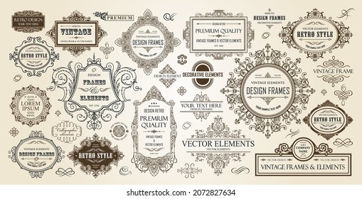 Vintage frames collection. Decorative calligraphic elements for certificates, posters and cards in retro style. Luxury classic vignettes, borders, labels and monograms isolated on a white background. 