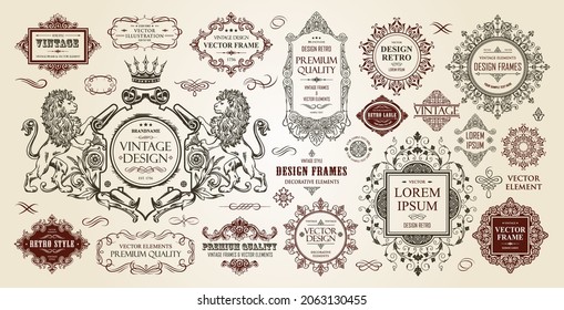 Kollektion von Vintage-Frames. Luxuriöse klassische Vignetten, Ränder, Etiketten und Monogramme einzeln auf weißem Hintergrund. Dekorative kalligraphische Elemente für Zertifikate, Poster und Karten im Retro-Stil.