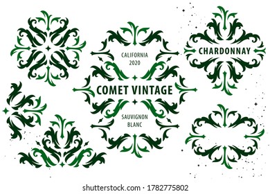 Vintage frames with comet and flourishes, set; wine label template