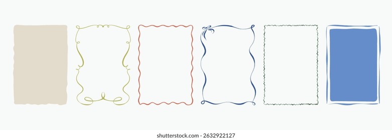 Vintage frames with curved lines and backgrounds in a whimsical  hand drawn style. Minimalist la dolce vita Italian style hand drawn border and frame set for poster, card, invitation.