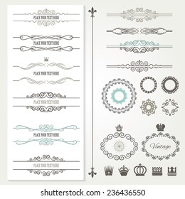 Vintage frames, dividers, crowns and page decoration set. Calligraphic design elements.