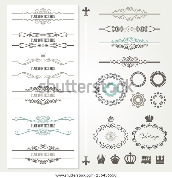 Vintage frames, dividers, crowns and\
page decoration set. Calligraphic design\
elements.