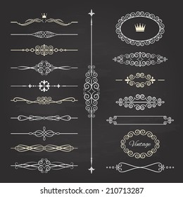 Vintage frames, dividers and page decoration set on chalkboard. Calligraphic design elements. 