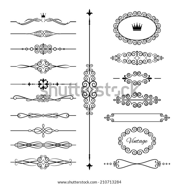 Vintage frames, dividers and\
page decoration set. Calligraphic design elements. Isolated on\
white.