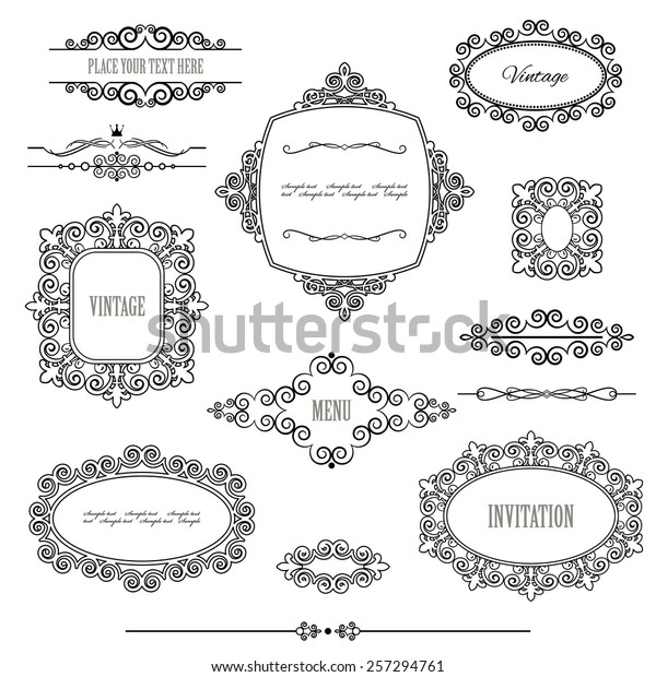 Vintage frames, dividers\
and page decoration set isolated on white. Calligraphic design\
elements.