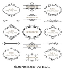 Vintage frames and dividers set isolated on white. Calligraphic design elements.