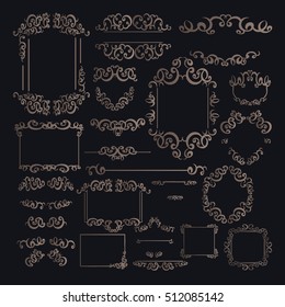 Vintage frames, dividers, signboards mega set isolated on black. Calligraphic design elements.