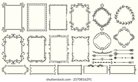 Vintage frames. Elegant retro borders. Old books design elements. Invitational cards decorations. Floral twisted lines. Botanical graphic flourish. Hand drawn arrows