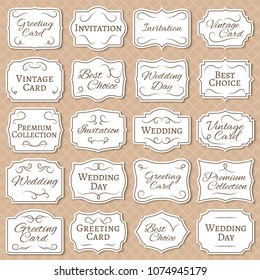 Vintage frames with floral ornament. Retro victorian wedding labels. Antique vector stickers isolated. Wedding sticker and label frame illustration