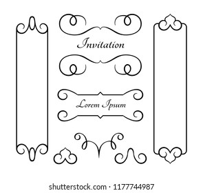 Vintage frames and flourishes, set of swirly decorative design elements in retro style, set of vector scroll embellishment on white