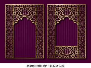 Vintage frames in form of oriental door and window. Brochure, book or greeting card golden cover backdrop design.
