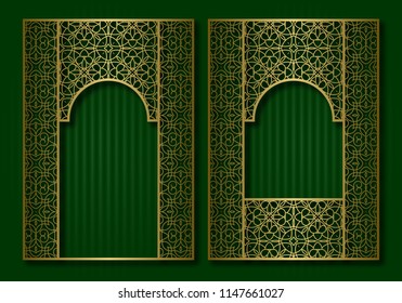 Vintage frames in form of oriental door and window. Brochure, book or greeting card golden cover backdrop design.