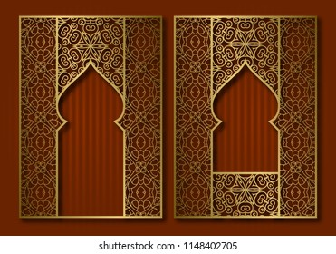 Vintage frames in form of oriental door and window. Brochure, book or greeting card golden cover backdrop design.