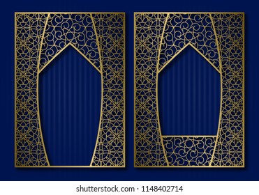 Vintage frames in form of oriental door and window. Brochure, book or greeting card golden cover backdrop design.