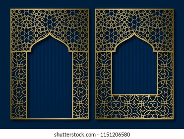 Vintage frames in form of oriental door and window. Brochure, book or greeting card golden cover backdrop design.