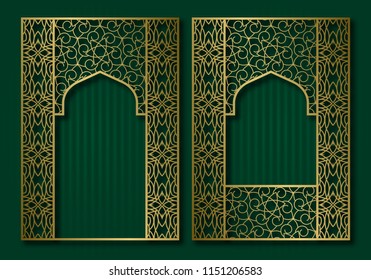 Vintage frames in form of oriental door and window. Brochure, book or greeting card golden cover backdrop design.