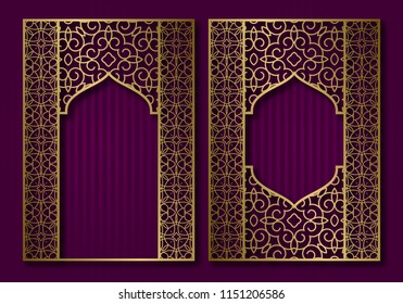 Vintage frames in form of oriental door and window. Brochure, book or greeting card golden cover backdrop design.