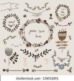 Vintage frames and hand-drawn floral decorative elements