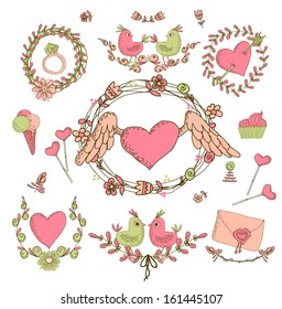 Vintage frames and hand-drawn Love decorative elements