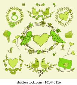 Vintage frames and hand-drawn Love decorative elements