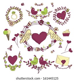 Vintage frames and hand-drawn Love decorative elements