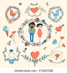 Vintage frames and hand-drawn Love decorative elements set