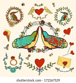 Vintage frames and hand-drawn Love decorative elements set