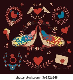 Vintage frames and hand-drawn Love decorative elements set