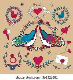 Vintage frames and hand-drawn Love decorative elements set